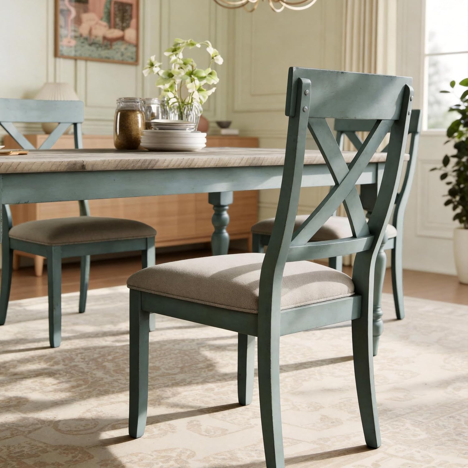 Roundhill Furniture Prato 6-Piece Dining Set, Dining Table with 4 Cross Back Chairs and Bench, Antique Blue and Distressed Walnut Finish