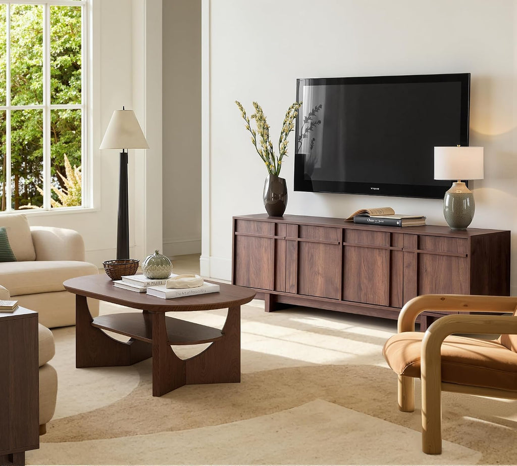 65.6" Mid Century Modern TV Stand for 75 Inch TV, Walnut | Media Console Cabinet with Storage, Skeletal Lines Design, Wood Grain Finish, Entertainment Center for Living Room, Bedroom