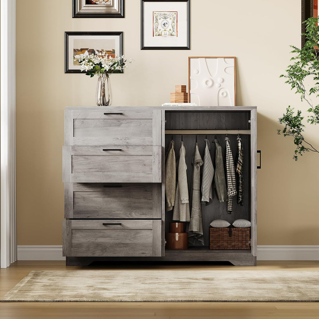 IDEALHOUSE 43.3'' H Armoire Wardrobe Closet with 4 Drawers and 2 Doors, Hanging Rod, Multifunctional Wooden Dresser with Storage Closet, Bathroom Cabinet for Bedroom, Gray