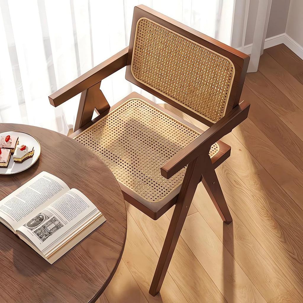Mid Century Dining Chairs Set of 2, Rattan Accent Armchairs for Living Room, Kitchen, Patio, Brown Wooden Chairs