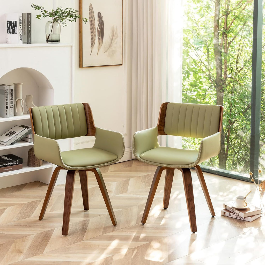 LUNLING Swivel Accent Faux Leather Dining Chairs, Mid Century Modern Chairs with Wooden Legs/Armrest/Upholstered Seat/Adjustable Foots for Kitchen Dining Room Desk Chairs,Green,1PCS