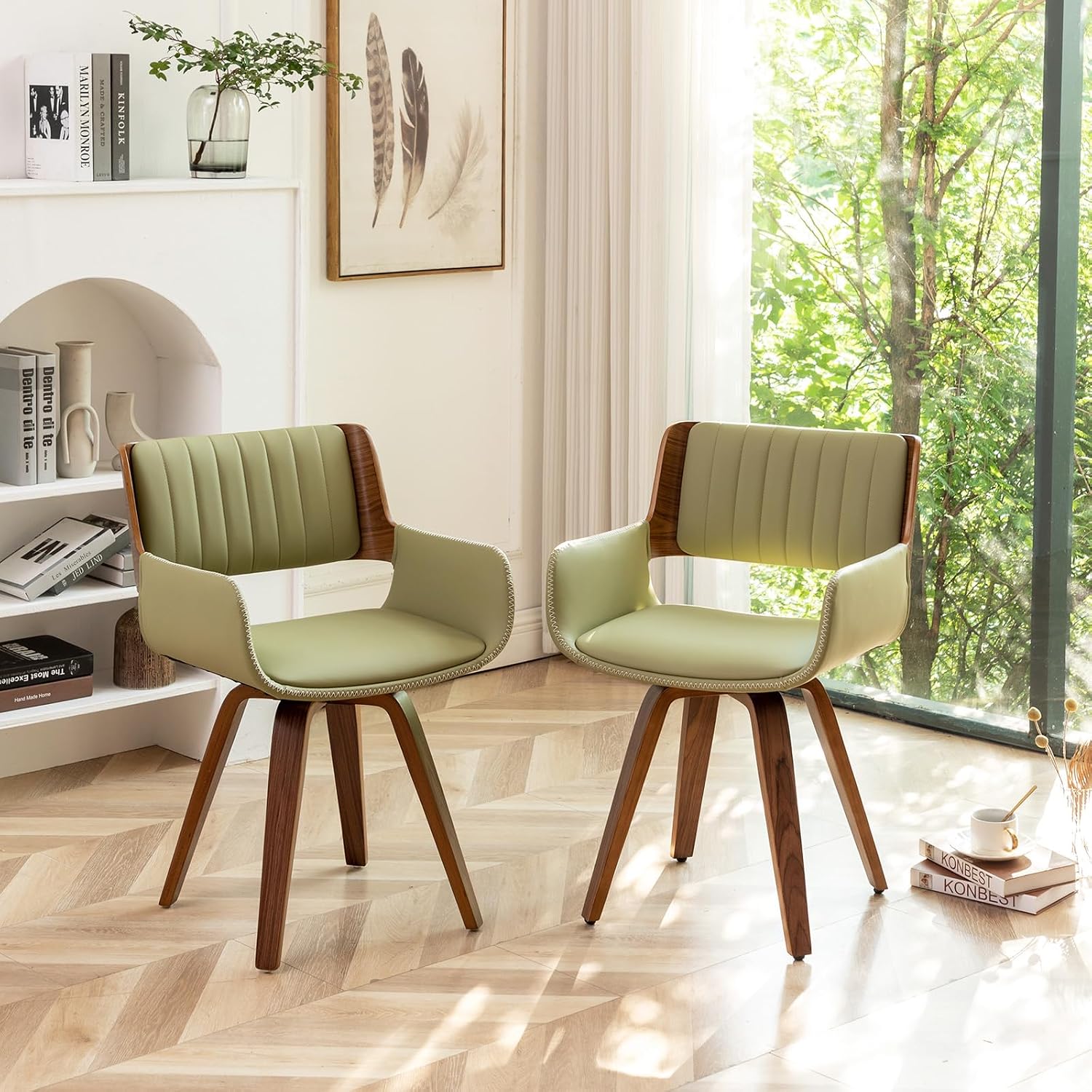 LUNLING Swivel Accent Faux Leather Dining Chairs, Mid Century Modern Chairs with Wooden Legs/Armrest/Upholstered Seat/Adjustable Foots for Kitchen Dining Room Desk Chairs,Green,1PCS