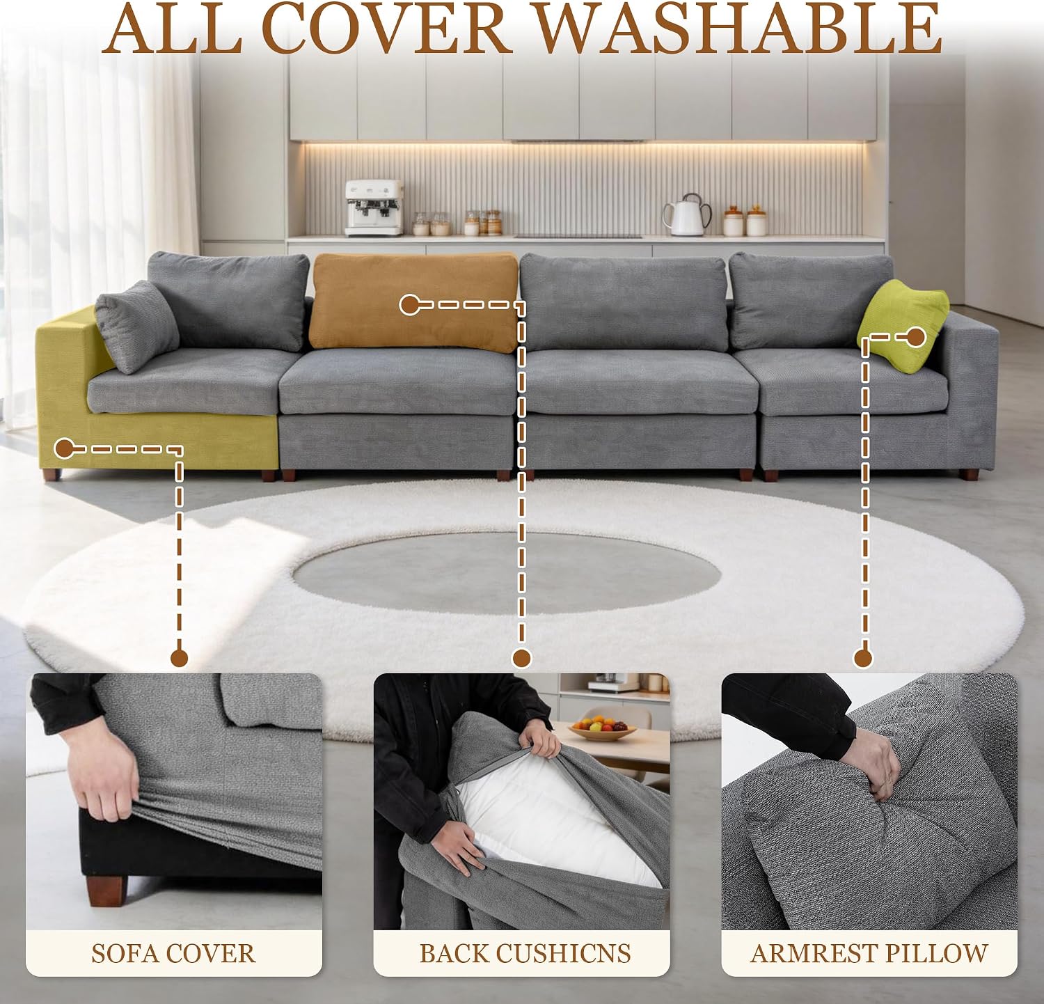 Oversized L Shaped Sectional Couch for Living Room, Extra Wide Deep Seat Couch with Covers Removable, Modern Luxury Chenille Modular Sectional Sofa, Cloud Couch for Apartment, Light Gray