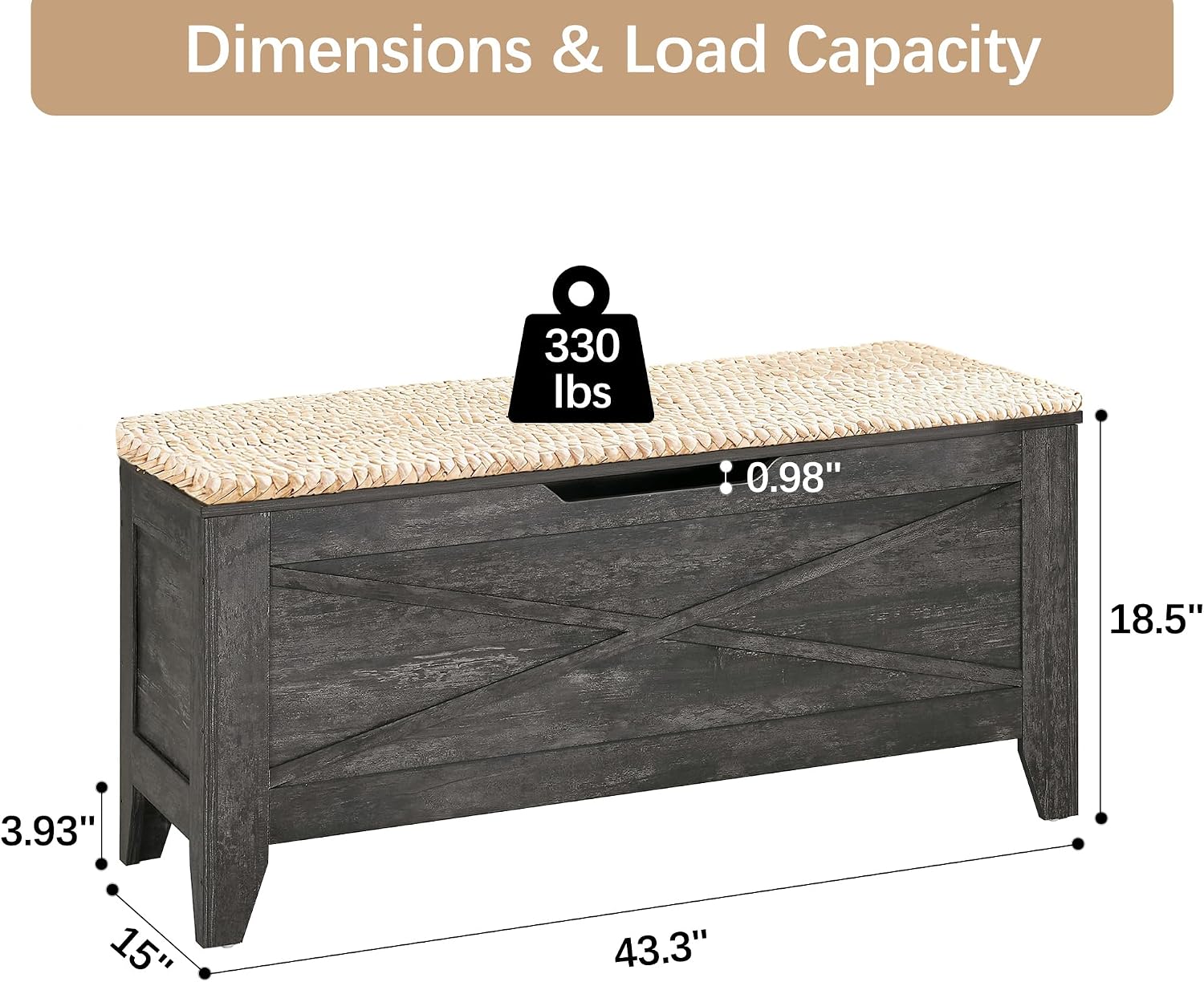 VECELO 43.3" Storage Bench with Handwoven Wicker Cushion, Lift Top Shoe Bench with Safety Hinges, Ideal for Entryway, Bedroom, Living Room, Gray