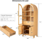 71" Tall Arched Kitchen Pantry Cabinet, Farmhouse Freestanding Storage Cupboard with Glass Door, Open & Adjustable Shelves, Door Shelves and Hidden Drawer,Cabinet for Kitchen Dining Room,Natural