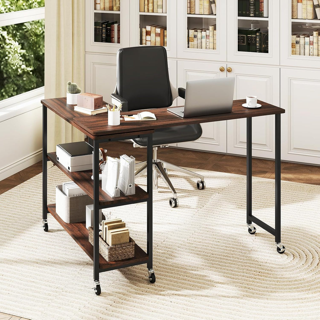 Tangkula Large 360° Free Rotating Sofa Side Table, Patented Mobile Couch Desk with 2-Tier Storage Shelves, Movable Laptop Desk with Sturdy Metal Frame, Extendable Couch Snack Table for Home Office