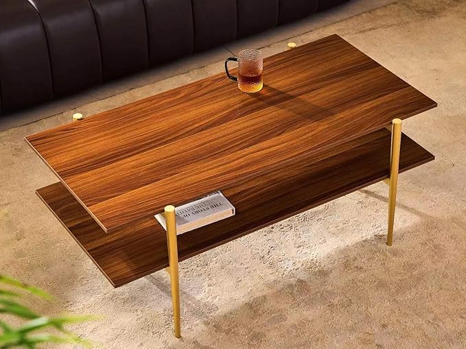 Shrine Rectangle Coffee Table, Mid-Century Modern Design, Two-Tier Walnut MDF Table, 41" D x 21" W x 17" H, Sleek Conical Metal Legs with Gold Finish