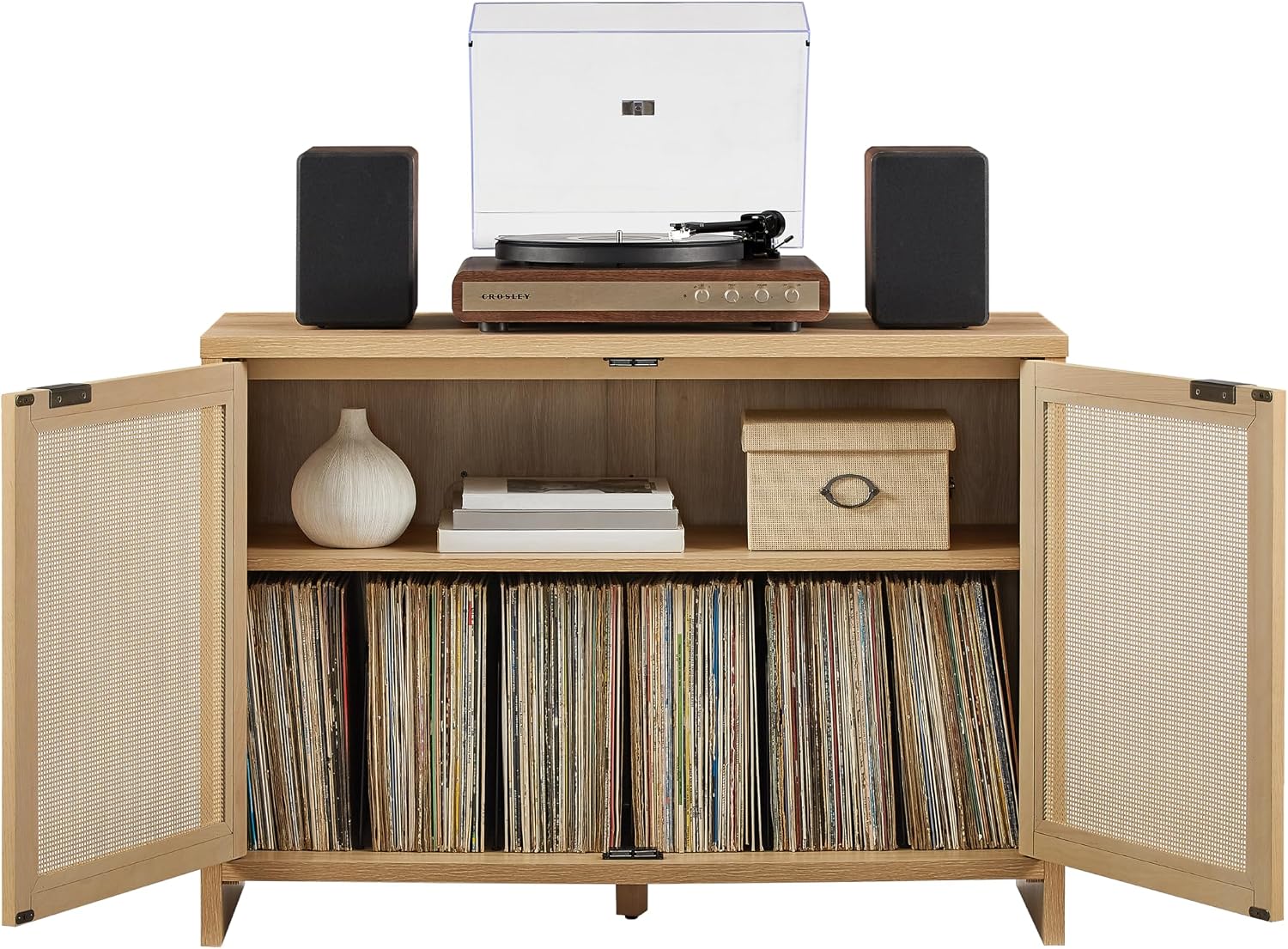 Crosley Furniture Kenji Record Player Cabinet with Vinyl Storage, Media Stand, Modern Home Organizer, Ash