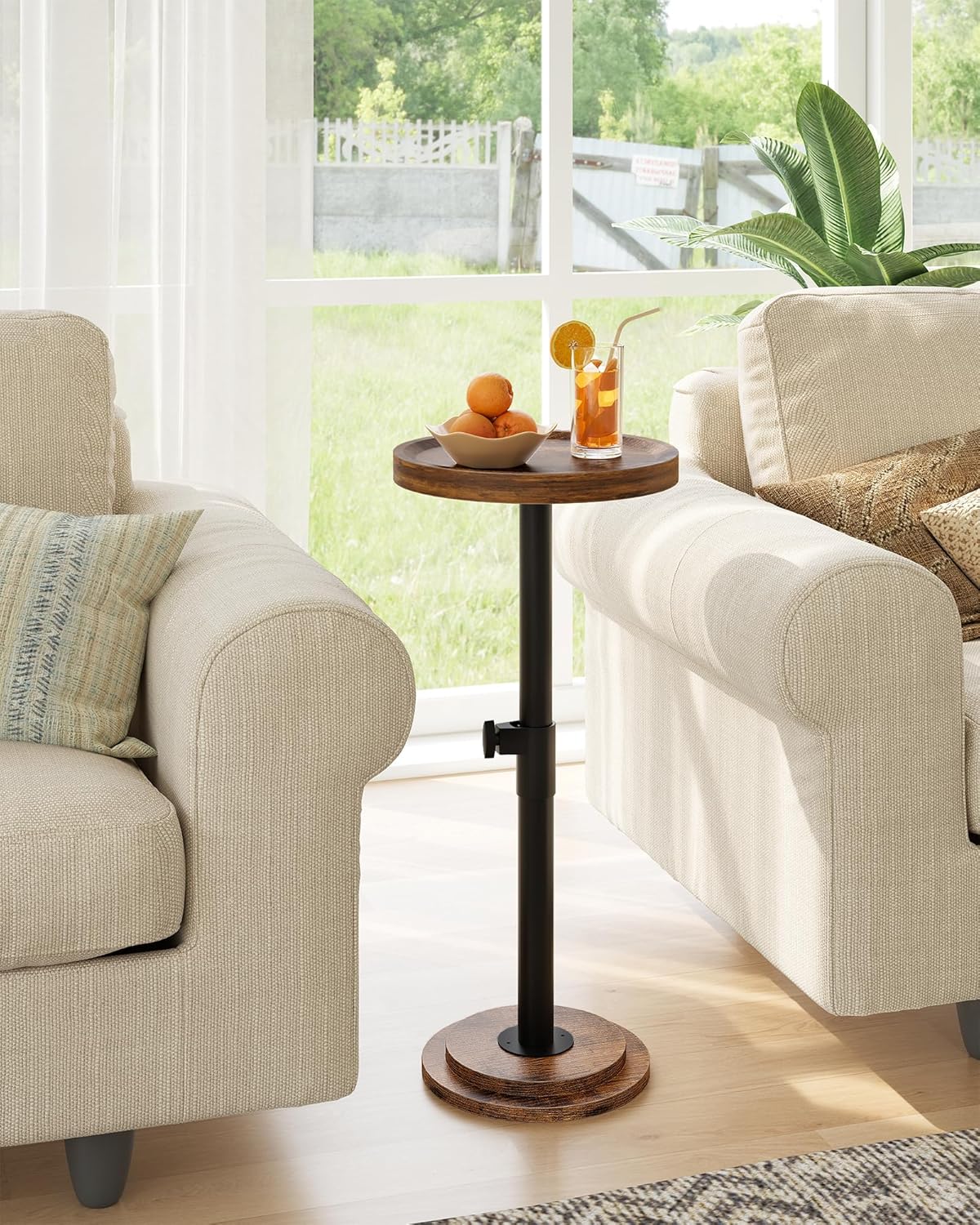 CHOEZON Height Adjustable Drink Table, Small Round Side Table, Pedestal Martini Table with Thickened Base, for Small Space, Sofa, Couch, Living Room, Bedroom, Rustic Brown and Black TBZ31BF