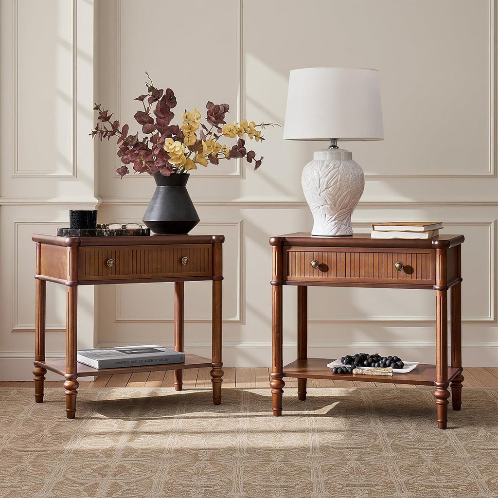 HULALA HOME Wood Nightstand with Charging Station, Traditional End Table with Solid Wood Drawer and Legs, Fluted Nightstand for Living Room, Bedroom Set of 2, Brown
