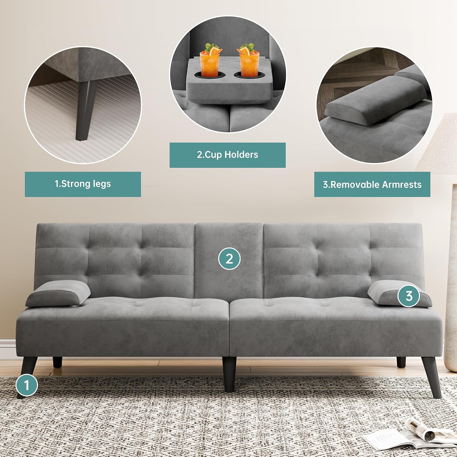 64" Futon Sofa Bed, Convertible Loveseat with 2 Cup Holders, Small Couch with 3 Adjustable Angles & Armrests, Sleeper Sofa for Small Space, Dark Grey