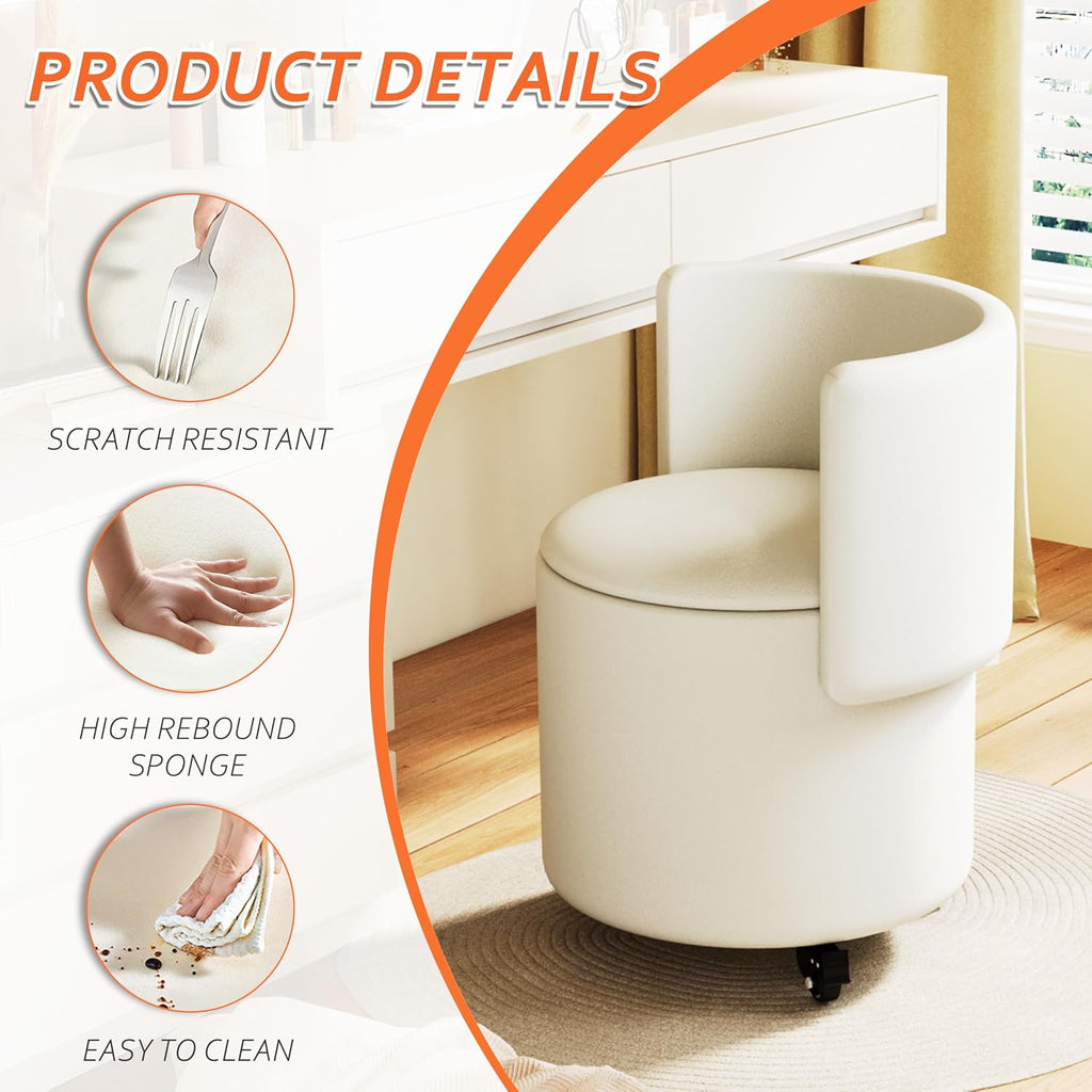 Round Vanity Chair with Storage, Rolling PU Leather Swivel Work Makeup Stool Chair with Folding Back, Upholstered Ottomans for Bedroom Living Room