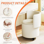 Round Vanity Chair with Storage, Rolling PU Leather Swivel Work Makeup Stool Chair with Folding Back, Upholstered Ottomans for Bedroom Living Room