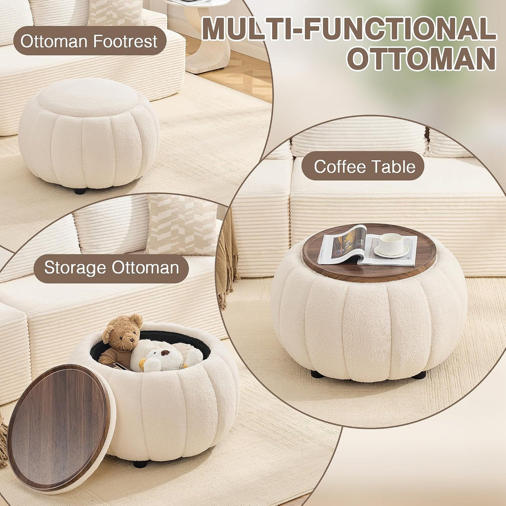 30 Inch Round Storage Ottoman Coffee Table for Living Room, Bedroom | Teddy Fabric , Anti-Slip Lid, ottoman foot rest, Pumpkin Shape