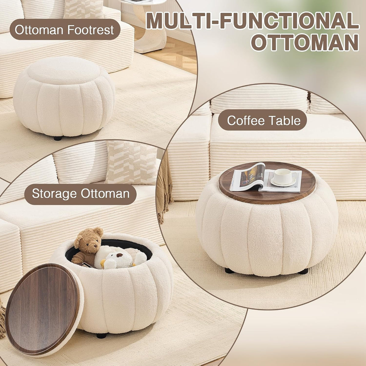 30 Inch Round Storage Ottoman Coffee Table for Living Room, Bedroom | Teddy Fabric , Anti-Slip Lid, ottoman foot rest, Pumpkin Shape
