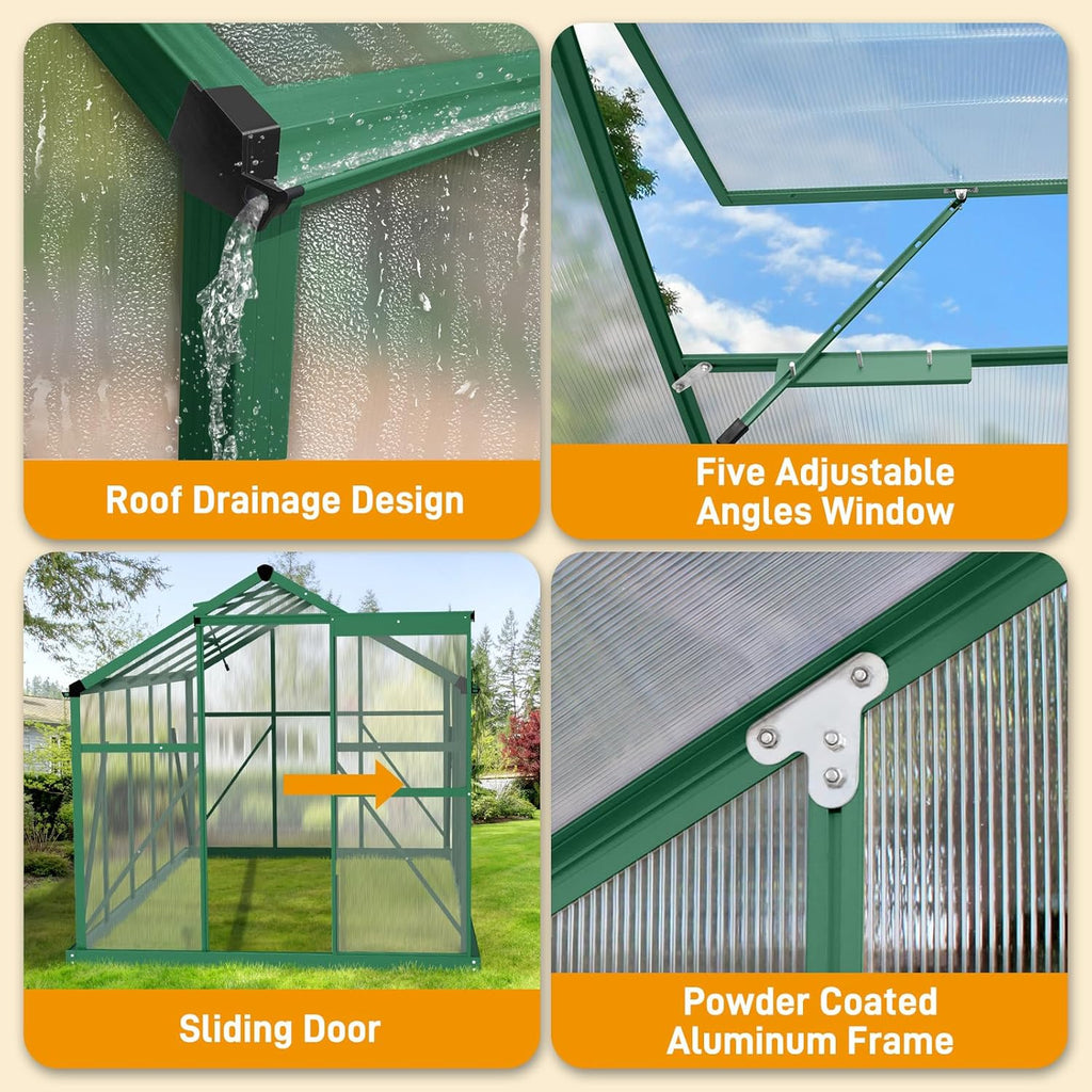 VINGLI 6x10 FT Greenhouse for Outdoors, Twin-Wall Translucent Heavy Duty Polycarbonate Greenhouse Kit with 5 Roof Vents, Weather Resistance for Plants Protection, for Home Gardening (Green, 6x10 FT)