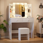Haewon Makeup Vanity Desk with Lighted Mirror and Chair Set, White | 10 LED Light Bulbs, 3 Lighting Modes, Built-in Power Outlet, Storage Drawers and Shelves, for Bedroom