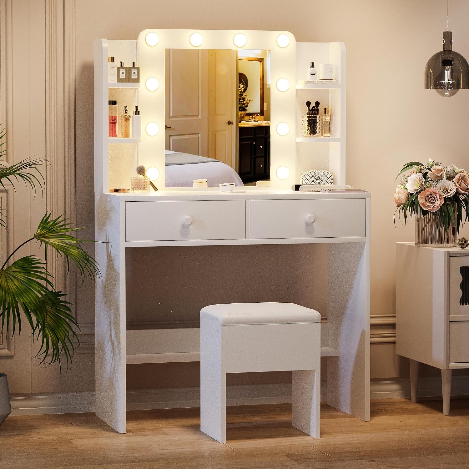 Haewon Makeup Vanity Desk with Lighted Mirror and Chair Set, White | 10 LED Light Bulbs, 3 Lighting Modes, Built-in Power Outlet, Storage Drawers and Shelves, for Bedroom
