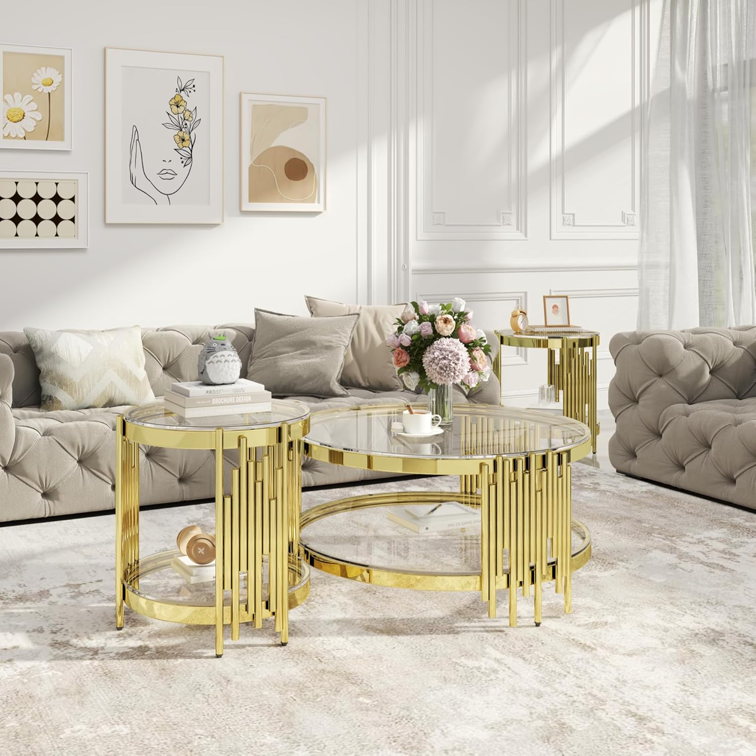 Round Glass Coffee Table Set of 3, Gold and Clear Modern Living Room Table Set, Includes 1 Coffee Table, 2 End Tables, Gold Stainless Steel Base Tempered Glass Top, Luxury Furniture for Home Office