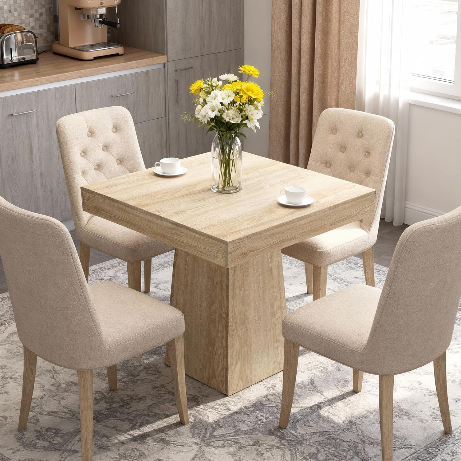 Space-Saving Square Dining Table for 4 – Modern Farmhouse Style with Wooden Pedestal Base – 31.5" Compact Table Ideal for Dining Room, Living Room, Apartment – Natural Wood Color YS042 Matte Surface