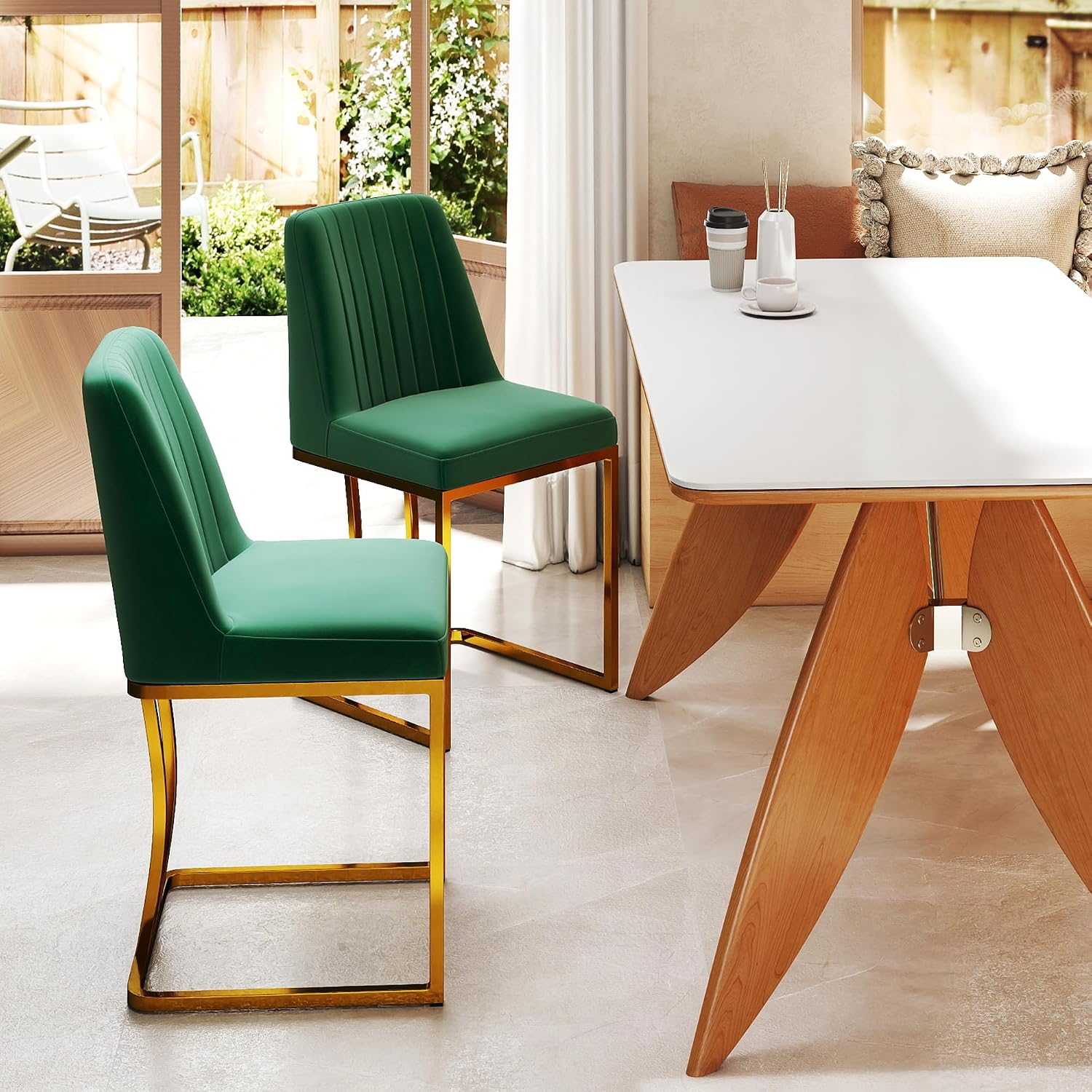 LSSBOUGHT Velvet Upholstered Dining Chairs Set of 2, Mid Century Modern Padded Chair with Gold Metal Frame for Restaurant,Dining Room,Kitchen (Green, 2PCS)