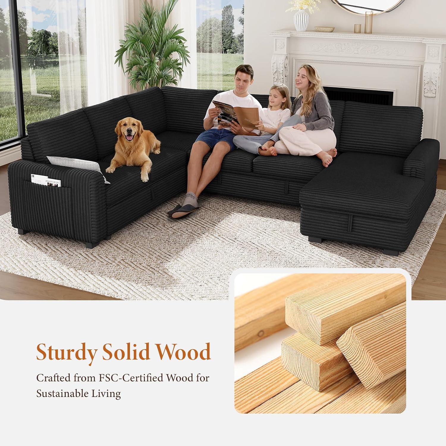 Vesgantti 113.6" Modular Sectional Sofa with Pull Out Bed, 7 Seater, Black