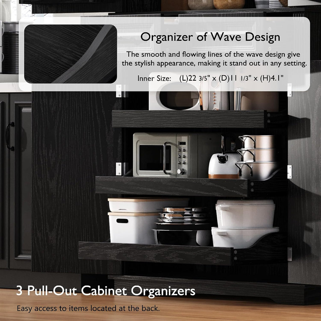 71" Tall Kitchen Pantry Cabinet, Freestanding Storage Cabinet with 3 Pull-Out Cabinet Organizers 6 Door Storage Shelves 2 Drawers, Farmhouse Embossed Texture Cupboard for Kitchen, Black