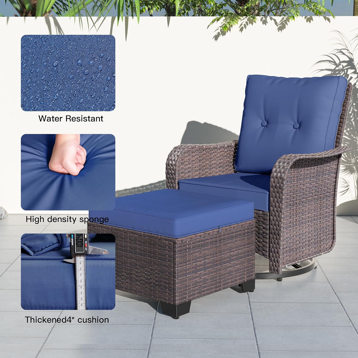 Kullavik 5 Pieces Outdoor Swivel Chairs Set,Patio Wicker Rocker Chairs with 4" Thick Cushions,Side Table and Ottomans,Patio Conversation Furniture Set for Patio Porch Deck Backyard,NavyBlue