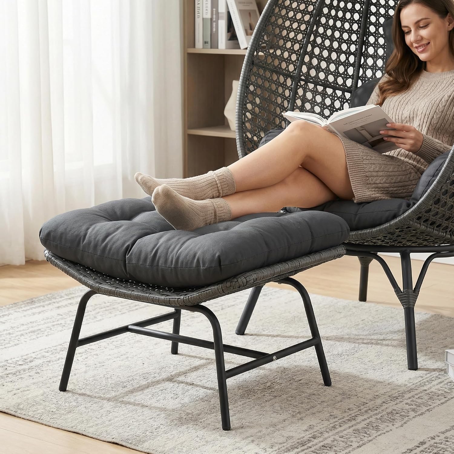 BULEXYARD 2 Pieces Outdoor Patio Ottomans, Multipurpose All Weather PE Rattan Ottoman Set, Indoor Outdoor Wicker Footrest with Removable Thicken Padded Cushions (Grey)