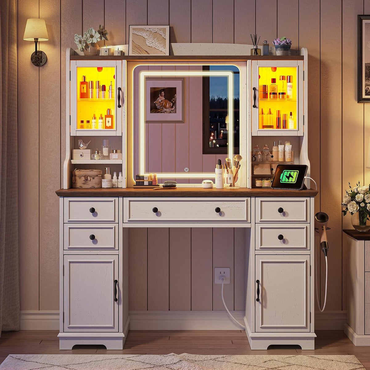 EnHomee Vanity Desk with Mirror and Lights, 43" White Makeup Vanity Desk with 5 Drawers & 2 RGB Glass Cabinets, Adjustable 3 LED Lights for Bedroom, Farmhouse Dressing Table for Women