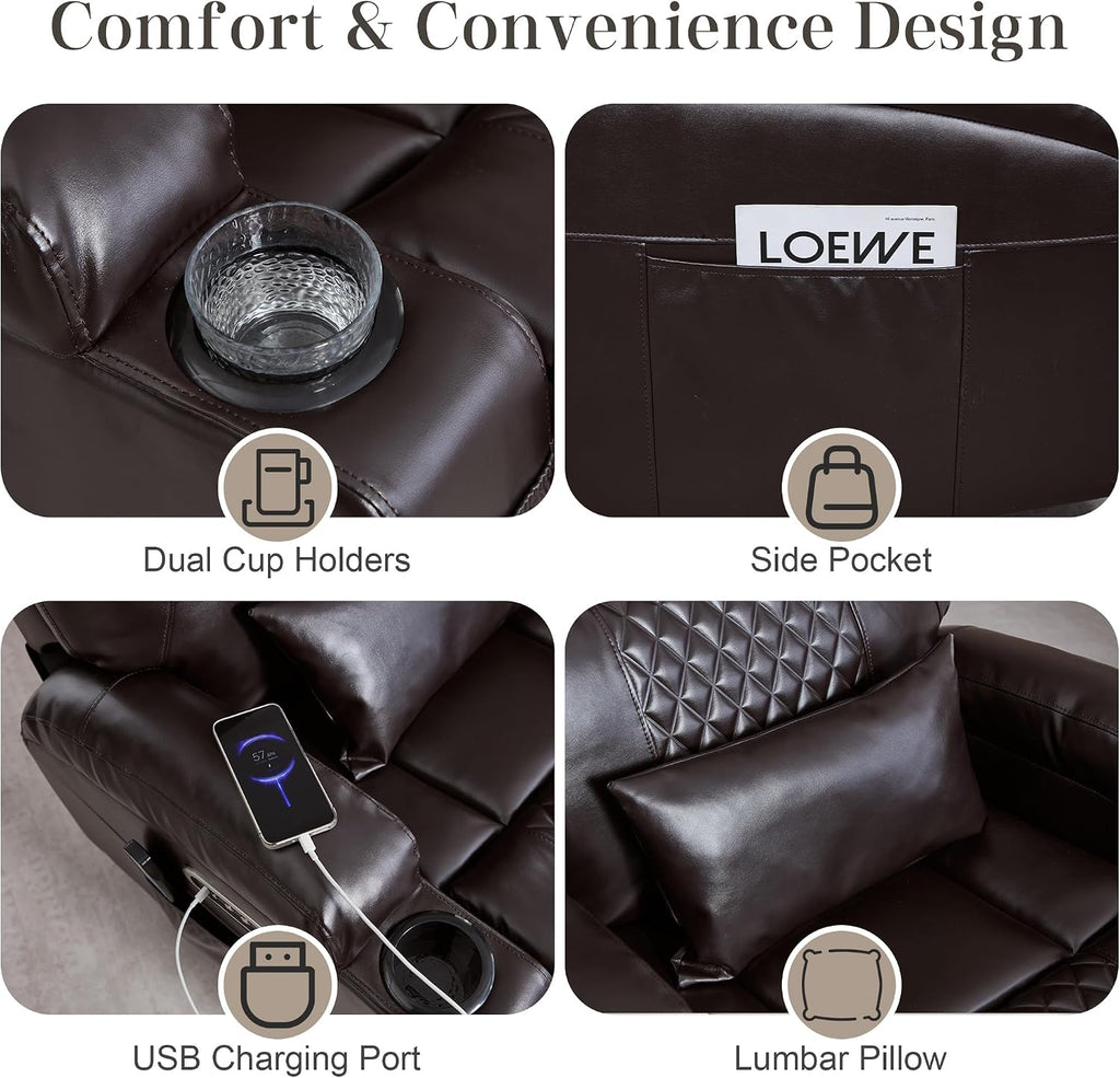 AHMED Dual Motor Power Swivel Rocker Recliner Chair, Faux Leather, Brown | Electric Glider Rocking Chair, Massage & Heat, Cup Holders, LED Lights, USB A/USB C Ports
