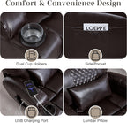 AHMED Dual Motor Power Swivel Rocker Recliner Chair, Faux Leather, Brown | Electric Glider Rocking Chair, Massage & Heat, Cup Holders, LED Lights, USB A/USB C Ports