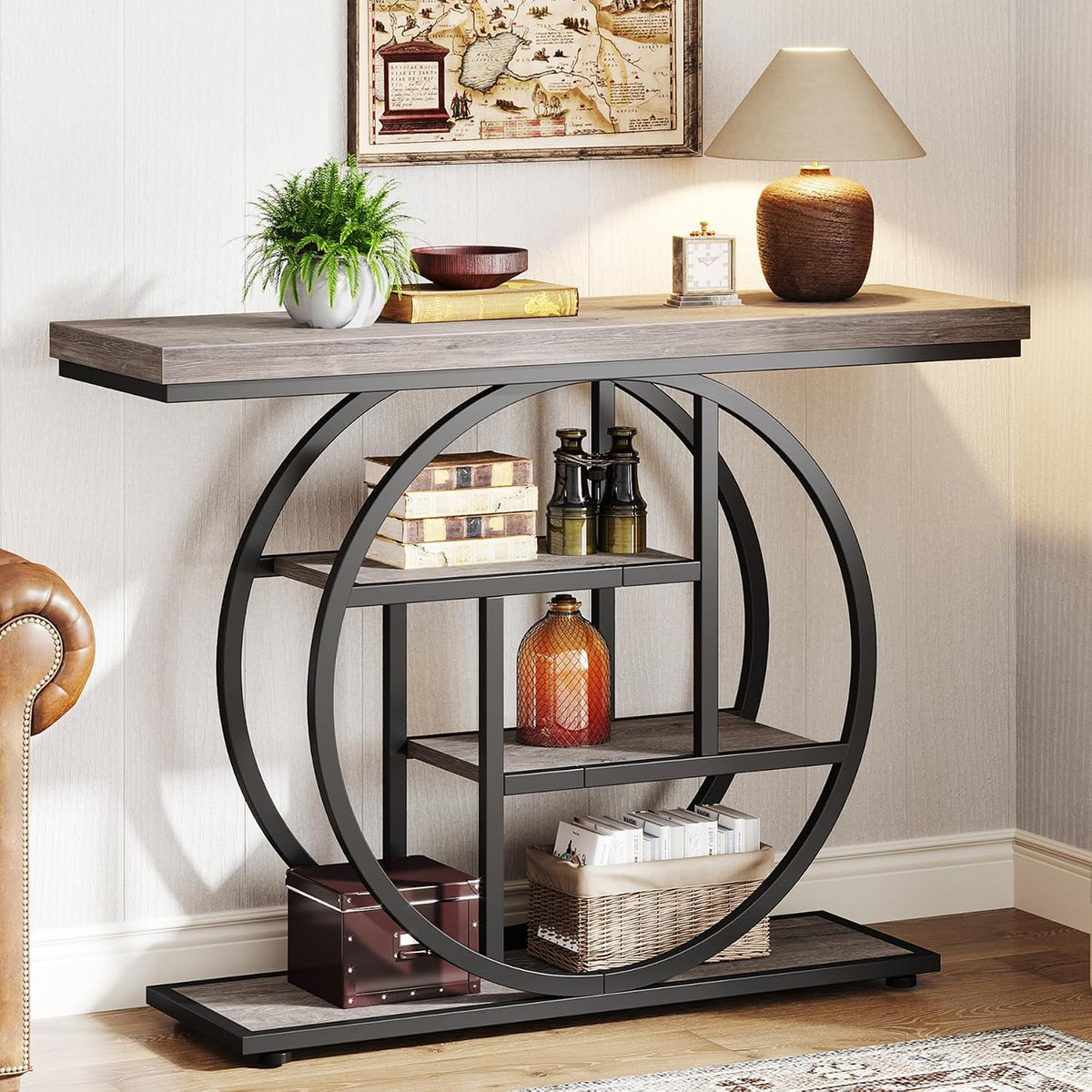 Tribesigns 41.3" Console Table, Industrial 4-Tier Sofa Table Entryway Table with Circle Base, Narrow Wood Accent Tables with Storage Shelves for Living Room, Hallway, Foyer, Gray | Industrial