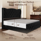 King Size Bed Frame with 53.15" High Crown Headboard, Black