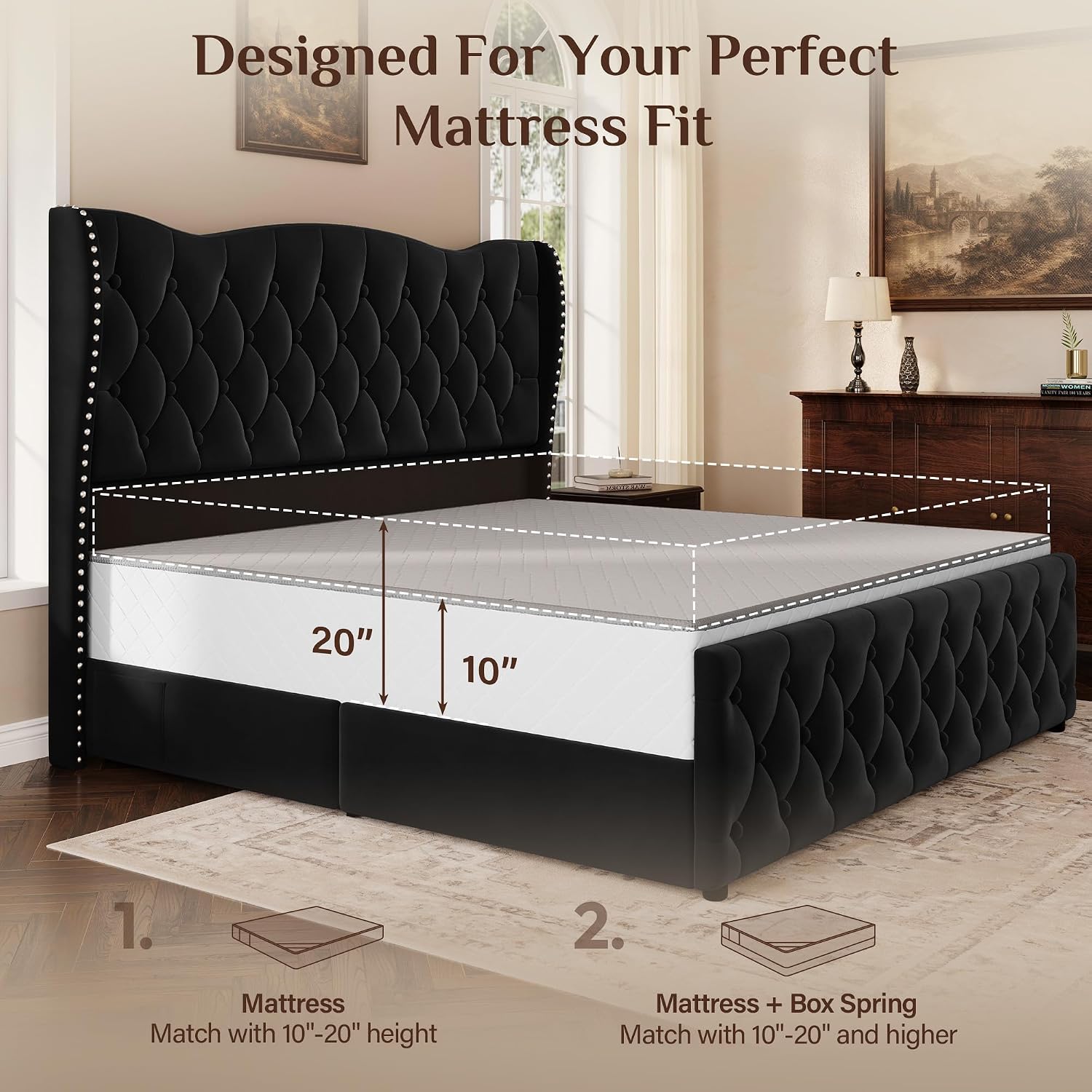 King Size Bed Frame with 53.15" High Crown Headboard, Black