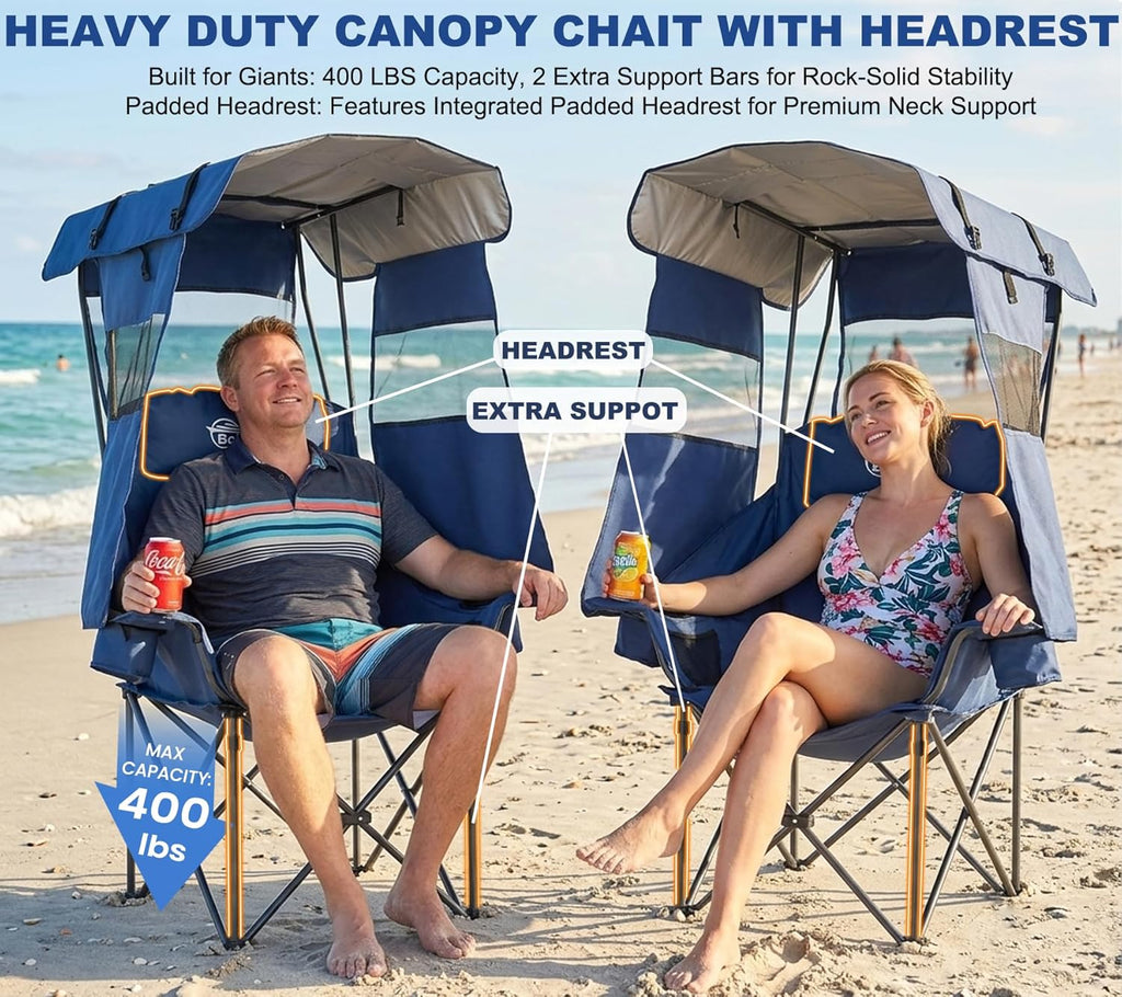 Bolosy Oversized Camping Chair with Canopy Beach Chair with Sun Shade | Folding Lawn Chair with Shade, Portable Canopy Chair for Camping, Beach, Picnics, Fishing, Sports, Support 400lbs, Blue