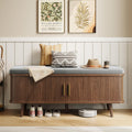 Decofy Shoe Storage Bench with Cushion and Sliding Doors, 47.2 Inch Shoe Bench with Storage, Freestanding Entryway Bench with Shoe Storage, with Solid Wood Legs, for Hallway & Entrance Hall, Walnut