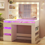 HUAHUU Vanity Desk with Lighted Mirror & Transparent Top, Makeup Vanity Desk with 4 Transparent Drawers and RGB Lighting, Built-in Power Outlet, 3-Tier Side Shelves & Storage Organizer for Bedroom