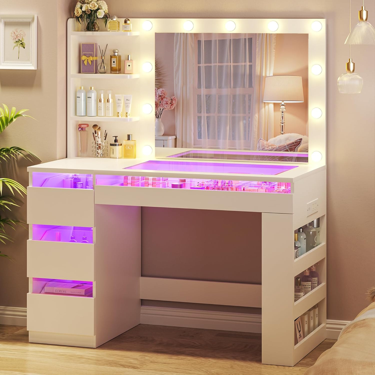 HUAHUU Vanity Desk with Lighted Mirror & Transparent Top, Makeup Vanity Desk with 4 Transparent Drawers and RGB Lighting, Built-in Power Outlet, 3-Tier Side Shelves & Storage Organizer for Bedroom