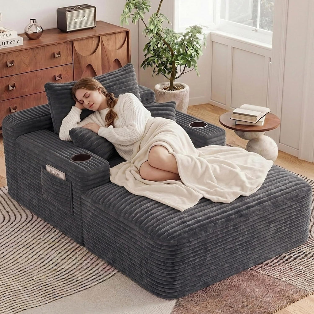 65" Oversized Chaise Lounge Chair Indoor, Chaise Lounge Chair with Cup Holders Side Pockets 3 Pillows, Cloud Corduroy Chaise Sofa Bed Sleeper Couches for Living Room No Assembly Require,Grey
