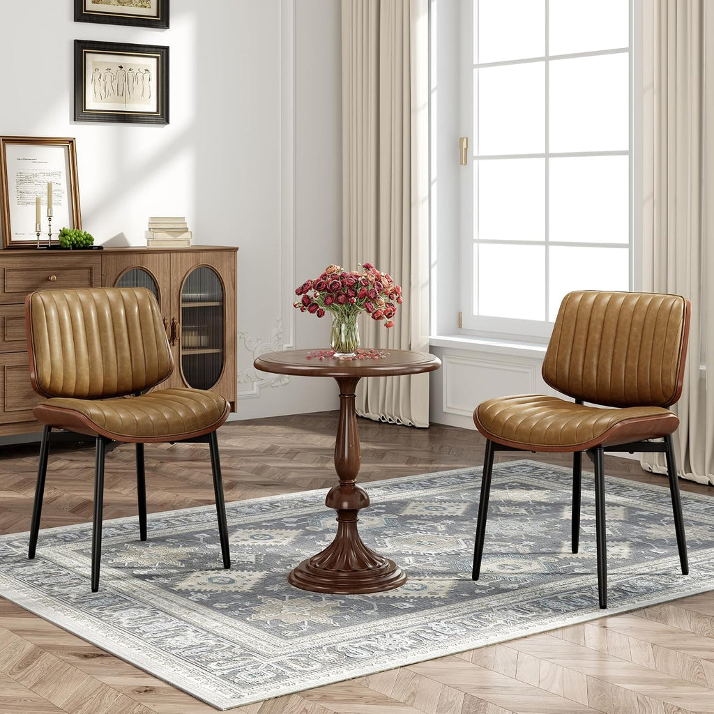 MALOL Leather Dining Chairs Set of 6, Modern Upholstered Dining Room Kitchen Chairs with Metal Legs and Wooden Back Support for Home Dining Room/Restaurant, Light Brown