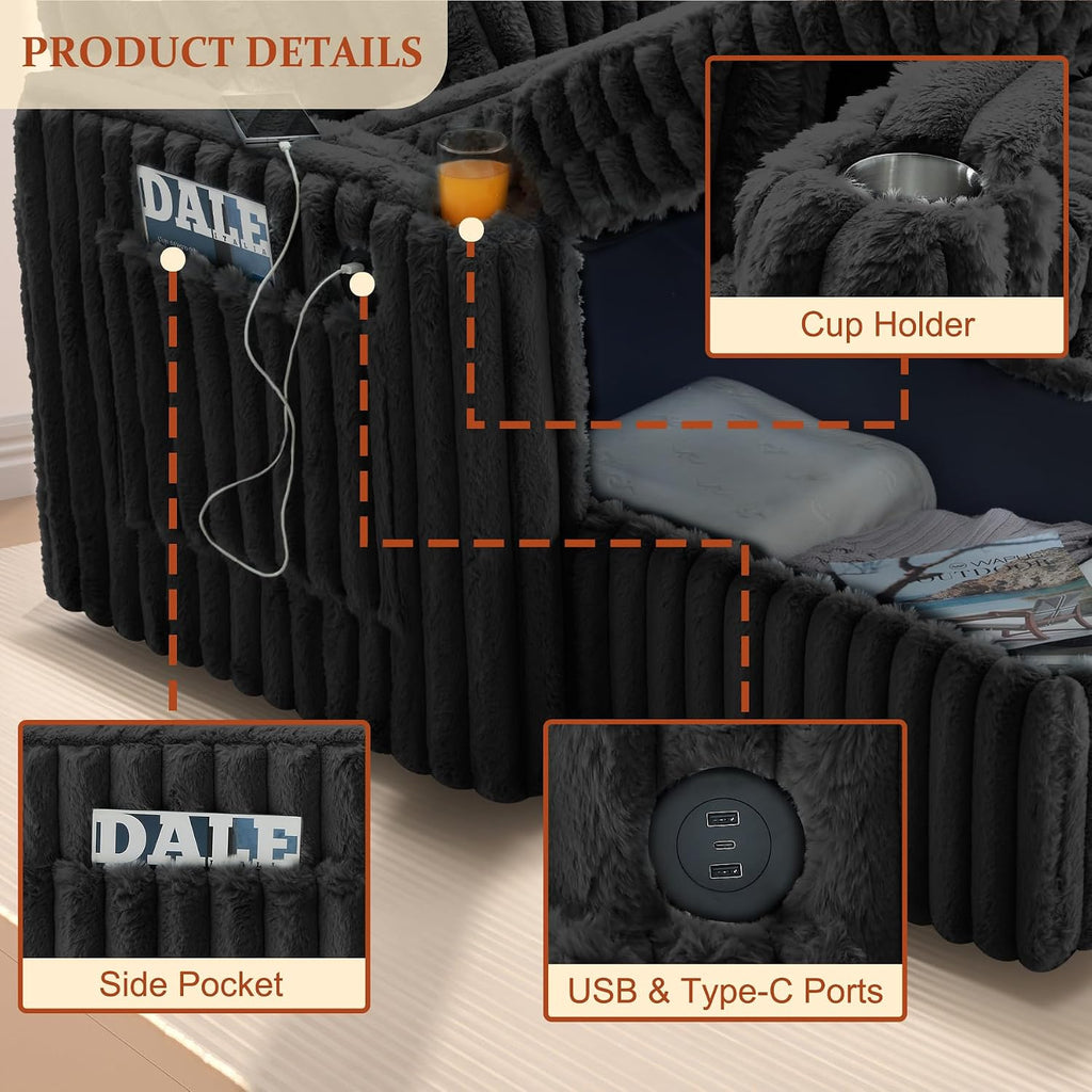 107'' Sectional Sleeper Sofa with Pull Out Bed, Storage Chaise, Adjustable Backrest, USB Charger, Cup Holder & Side Pocket, Fluffy Soft Corduroy U Shaped Couch for Living Room, Black