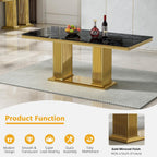 Black Marble Dining Table Set for 6,68 inch Black Marble Table with Golden Double Column Stainless Steel Base, Faux Marble Kitchen Table and Velvet Chairs Set of 6, Dining Room Table Set for 6