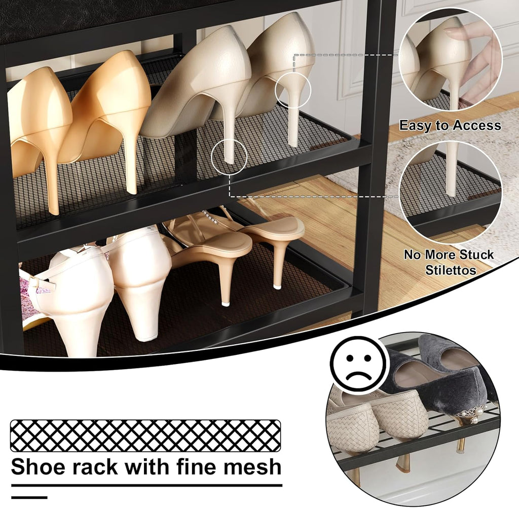 DreamDashio Set of 2 Small Shoe Storage Benches with PU Leather Cushion, 3-Tier Shoe Rack Organizer for Entryway, Metal Mesh Shelves, Holds Up to 300 lbs, Black (31.5"x11.4"x17.5")