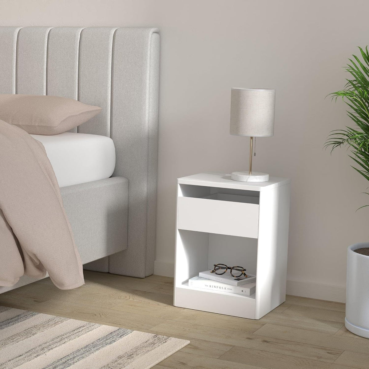 VASAGLE KAILYN Collection - LED Nightstand with Charging Station, 2 AC Outlets, 2 USB Ports, Bedside Table, Side Table with Drawer, Modern, 13.8 x 15.7 x 21.7 Inches, Cloud White ULET618T14V1