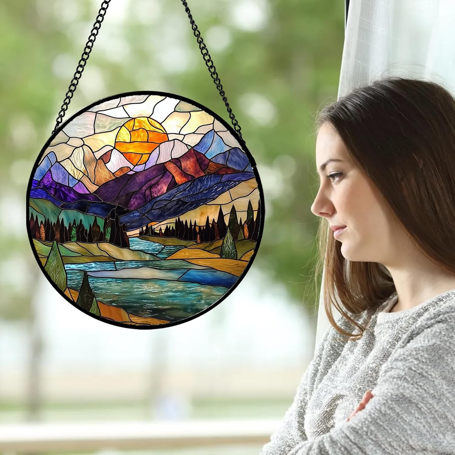 Stained Glass Window Hanging, Blue Lake Golden Sun Abstract Mountains Landscape Suncatcher for Doors Window Home Sun Catchers Decor Mother's Day Birthday Gifts for Women Men Mom 9.8 in