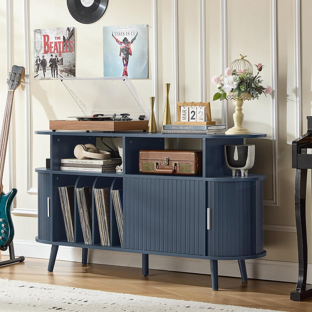 LELELINKY Extra Large Round Record Player Stand with Charging Station | Mid Century Modern Fluted Turntable Cabinet,Vinyl Storage, Arched Wood Record Player Table for Living Room,Blue