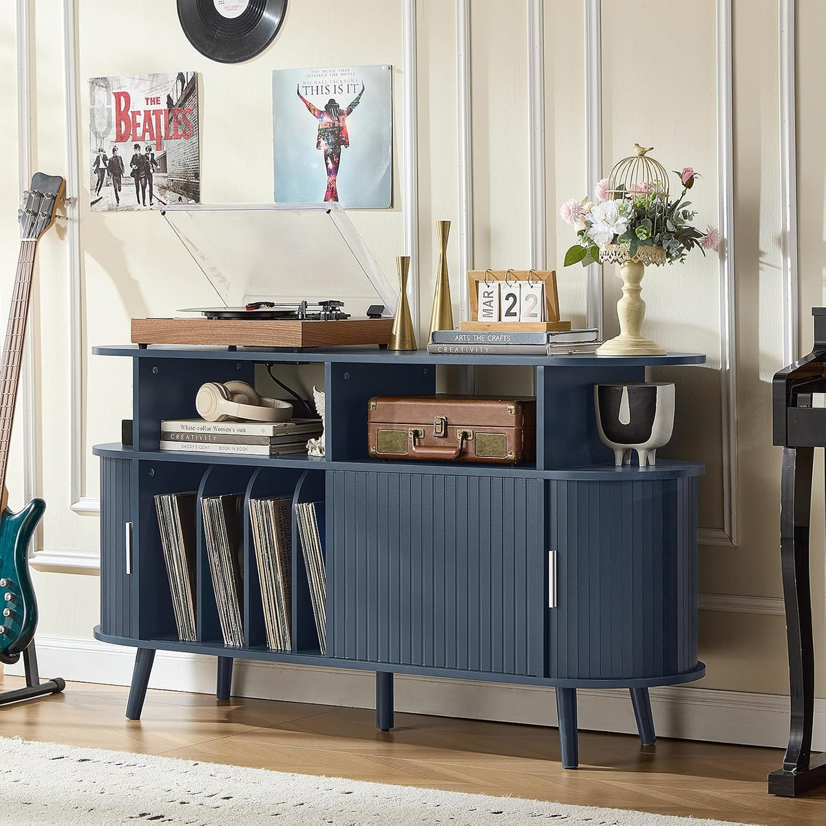 LELELINKY Extra Large Round Record Player Stand with Charging Station | Mid Century Modern Fluted Turntable Cabinet,Vinyl Storage, Arched Wood Record Player Table for Living Room,Blue