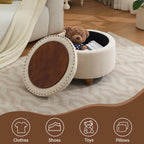 WUTUTUEE 24Inch Round Storage Ottoman with Tray, Modern Tufted Fabric Circle Coffee Table with Storage, Upholstered Ottoman with Removable Top for Living Room, Bedroom, Khaki
