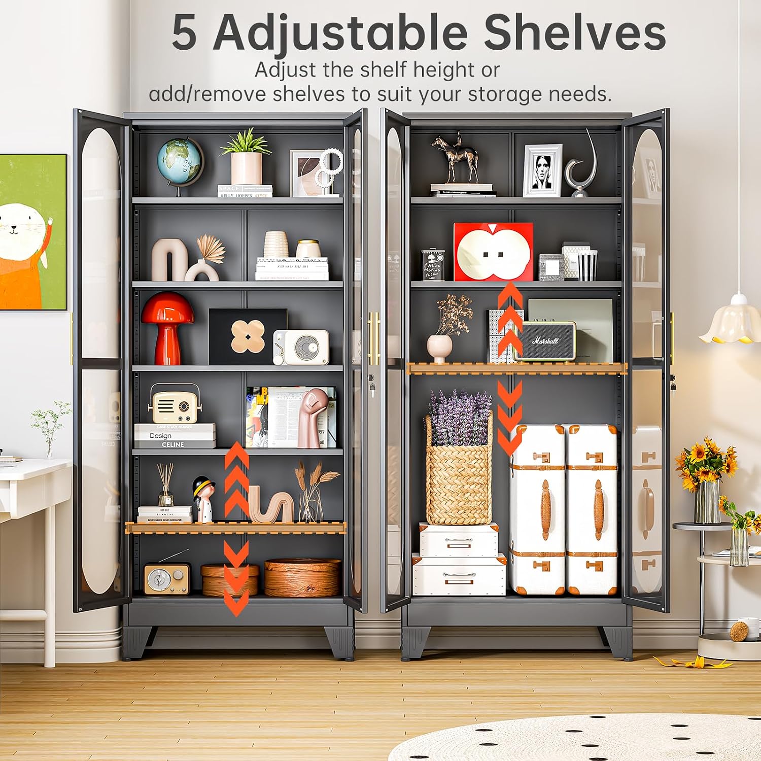 75" H Locking Display Cabinet with Glass Door, Tall Storage Cabinet with 5 Adjustable Shelves, Metal Curio Cabinet Multi-Purpose Display Case for Collectibles Living Room/Bedroom/Kitchen/Bar